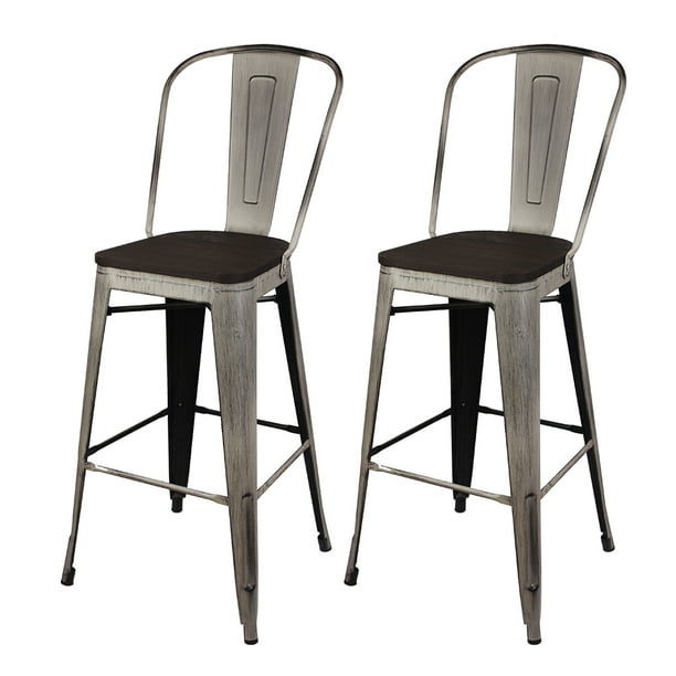 Black with Brushed Gold Finish Set of 6 GIA 30-Inch Bar Height Metal Stool Chair with Dark Wood Seat Black with Brushed Gold Finish Set of 6 GIA 30-Inch Bar Height Metal Stool Chair with Dark Wood Seat
